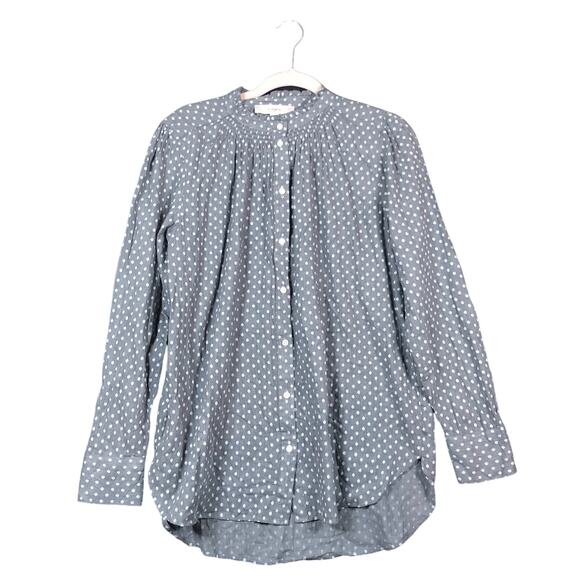 LOFT Womens Blouse Gray White Polka Dot Button Down 100% Cotton Long Sleeve M - Picture 1 of 12